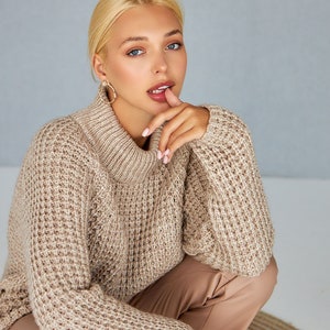 Chunky Knit Wool Sweater, Long Tunic Slit Sweater, Turtleneck Pullover Top, Loose Knit Jumper, Casual Long Sleeve Sweater, Oversized Sweater