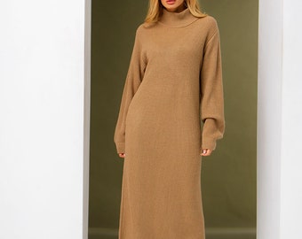 Knit Long Wool Dress, Winter Turtleneck Dress, Long Sleeve Dress, Knitted Sweater Dress, Warm Maxi Dress with Belt, Midi Dresses for Women