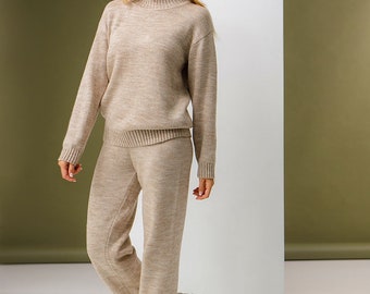 Wool Suit Womens, Knitted Two Piece Set, Mohair Wool Sweater and Trousers, Casual Woolen Knitted Sweater and Pants, Knit Warm Loungewear Set