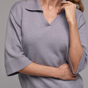Polo Cotton Sweaters, Loose Fit 3/4 Sleeve Top , Knit Polo Shirt, Casual Sweater Top, Spring Women Clothing,  Knitwear