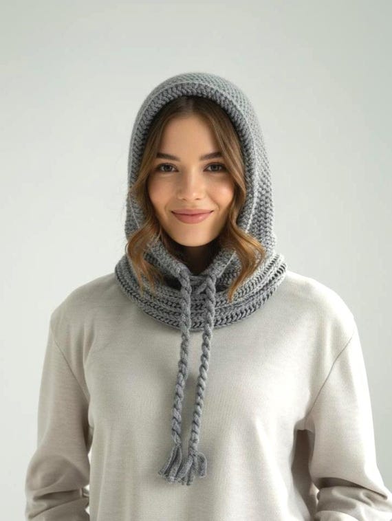 Hooded Scarf, Knit Wool Hood Scarf, Womens Snood, Scarf With Hood