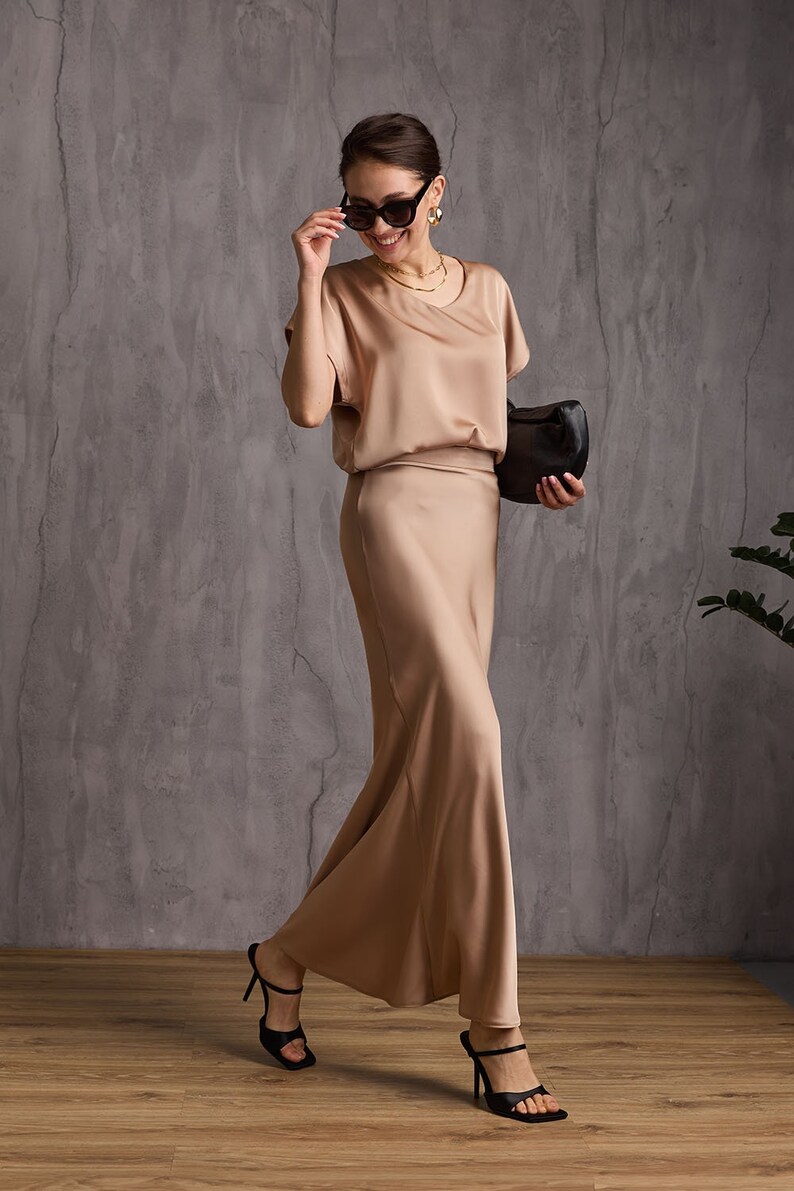 Silk Maxi Skirt. A-line Skirt Women, Satin Long Skirt, Silk Slip Skirt, Gift for Her, Summer Skirt Pink gold