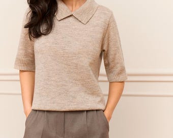 Baby Alpaca Merino Polo Sweater, Short Sleeve Knit Top for Women