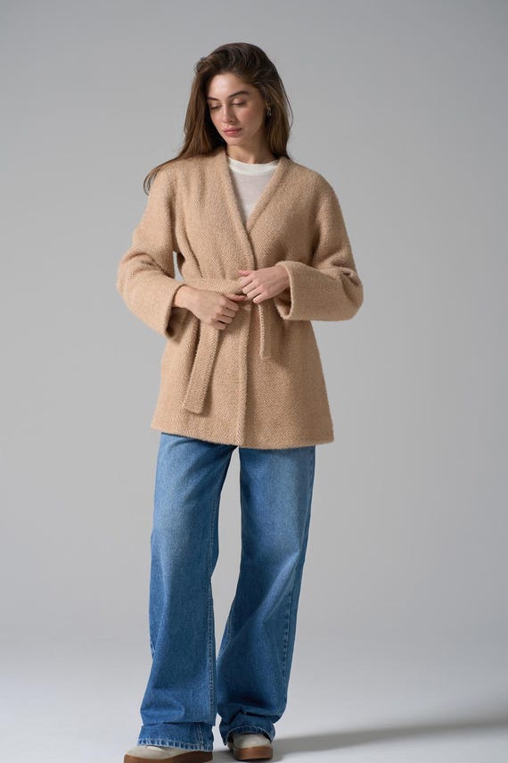 トップス nonnative / belted knit cardigan jacket Vintage 70s Suede Knit Belted Cardigan Jacket Cream Brown
