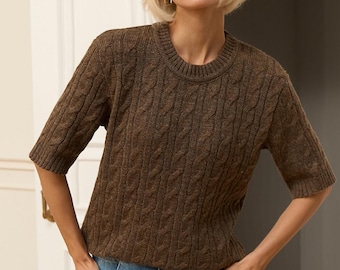 Alpaca Wool Knit Top, Cable Knit Short Sleeve Sweater, Womens Soft Knitted Textured Pullover