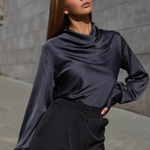 Elegant Silk Blouse, Cowl Neck Blouse, Long Sleeves Silk Shirt, Satin  Blouse, Formal Blouse Women, Office Silk Blouse