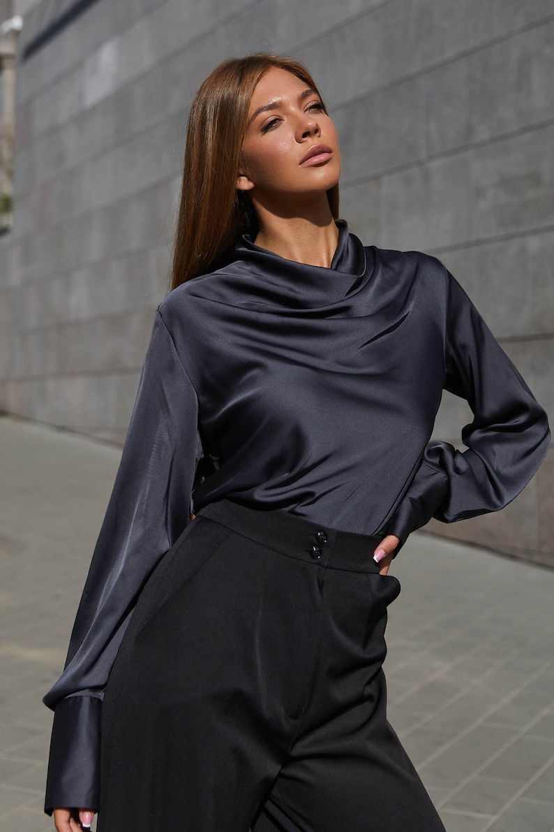 Cowl Neck Blouse Silk Blouse for Women Long Sleeves Silk Shirt Satin ...