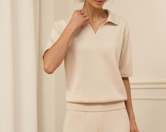 Women's Relaxed Fit Knit Polo Top, Short Sleeve Minimal Summer Sweater
