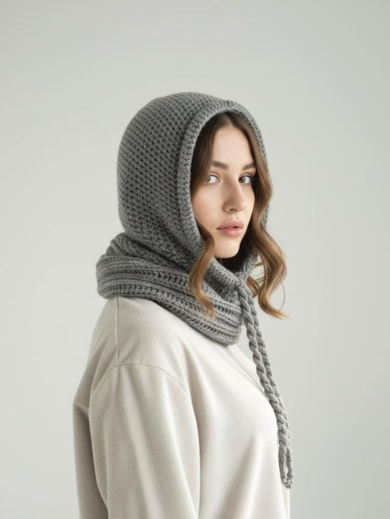 May include: A gray knitted hood with a textured pattern. The hood is designed to cover the head and neck, featuring a cowl neck and braided ties. The item is made of a soft, warm material, perfect for cold weather.