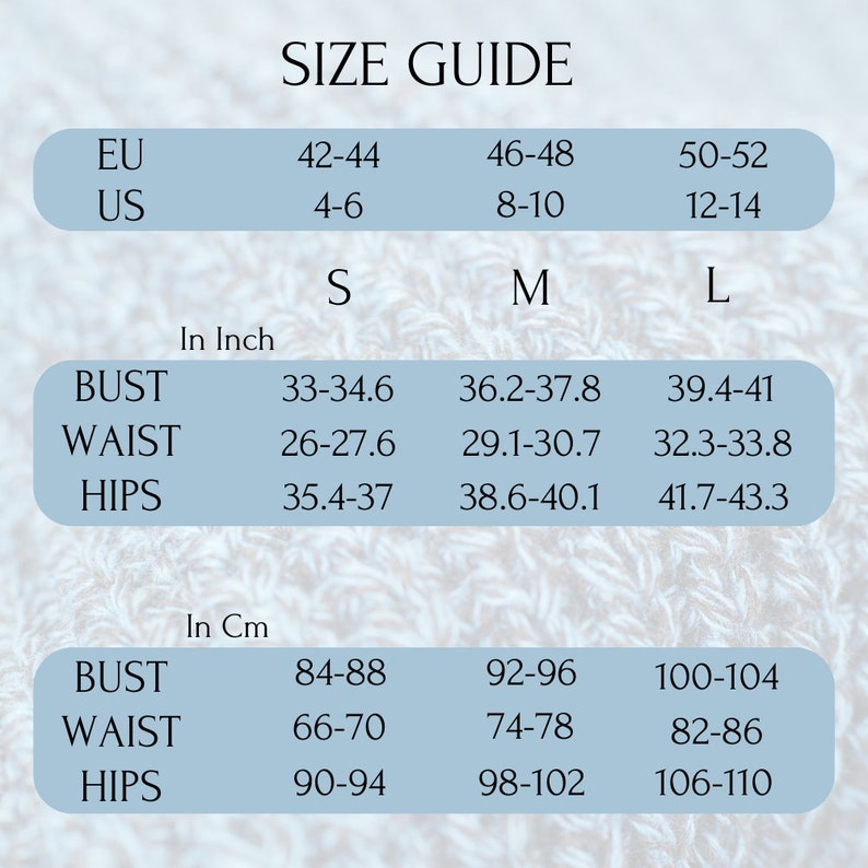 May include: Size guide chart for clothing with measurements in inches and centimeters. The chart shows sizes for small, medium, and large in both US and EU sizes. Measurements are provided for bust, waist, and hips.