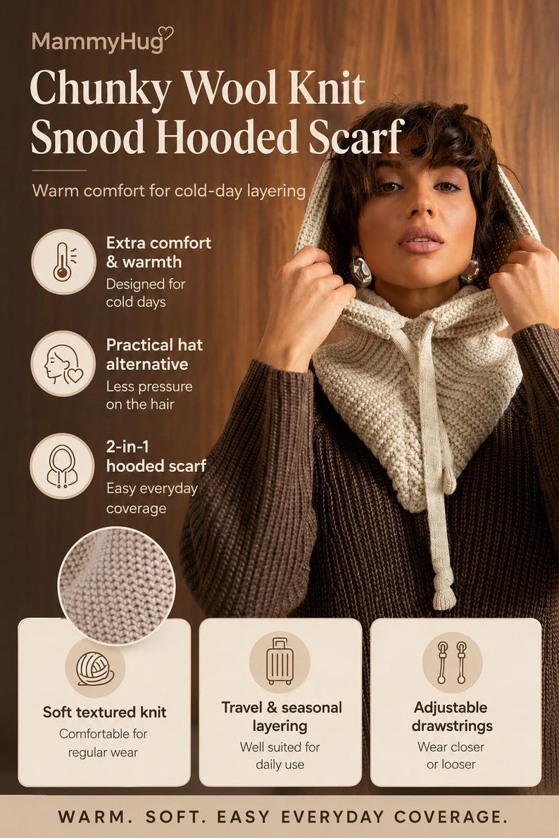 May include: A chunky wool knit snood hooded scarf in beige and brown. The scarf features a hood with adjustable drawstrings and is designed for cold days. The text on the image says "Warm, Soft, Easy Everyday Coverage."