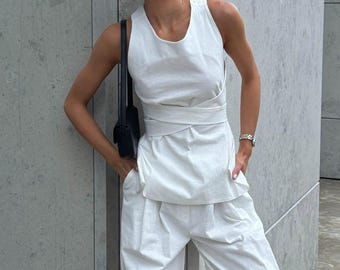 Komplet spodni lnianych, Lniany krótki top, Odkryte plecy, Krzyżujące się ramiączka, Spodnie palazzo, Ekologiczna moda, Minimalistyczny szyk, Przewiewny strój, Letni look