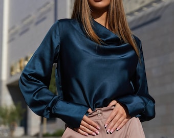 Cowl Neck Blouse, Silk Blouse for Women, Long Sleeves Silk Shirt, Satin Emerald Blouse, Blouse for Office, Sleeve Top