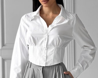 Cropped Button Collared Shirt, White Cotton Shirt, Fitted Blouse Top, Gifts for Women, Crop Shirt for Women