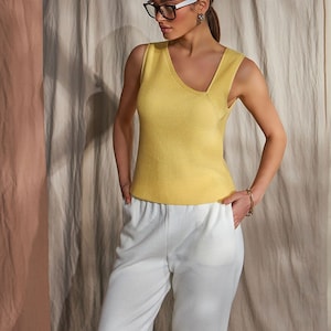 Ribbed Top with Asymmetrical Neckline, Knit Cotton Tank Top Yellow