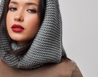 Grey Hooded Scarf, Knit Hoodie Scarves, Womens Snood, Warm Hooded Cowl, Wool Head Scarf, Trend Scarf, Outdoors Gift