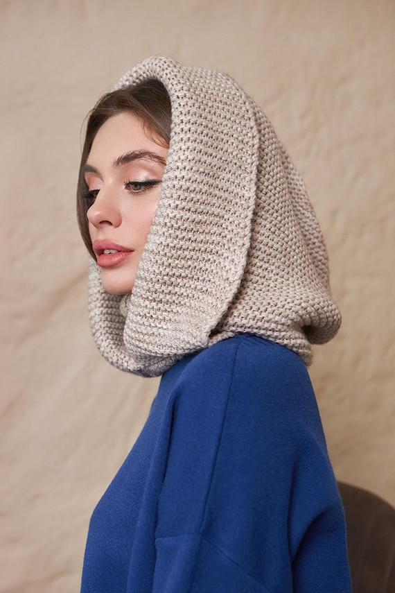 Beige Hooded Scarf Womens Snood Knitted Hooded Scarf - Etsy
