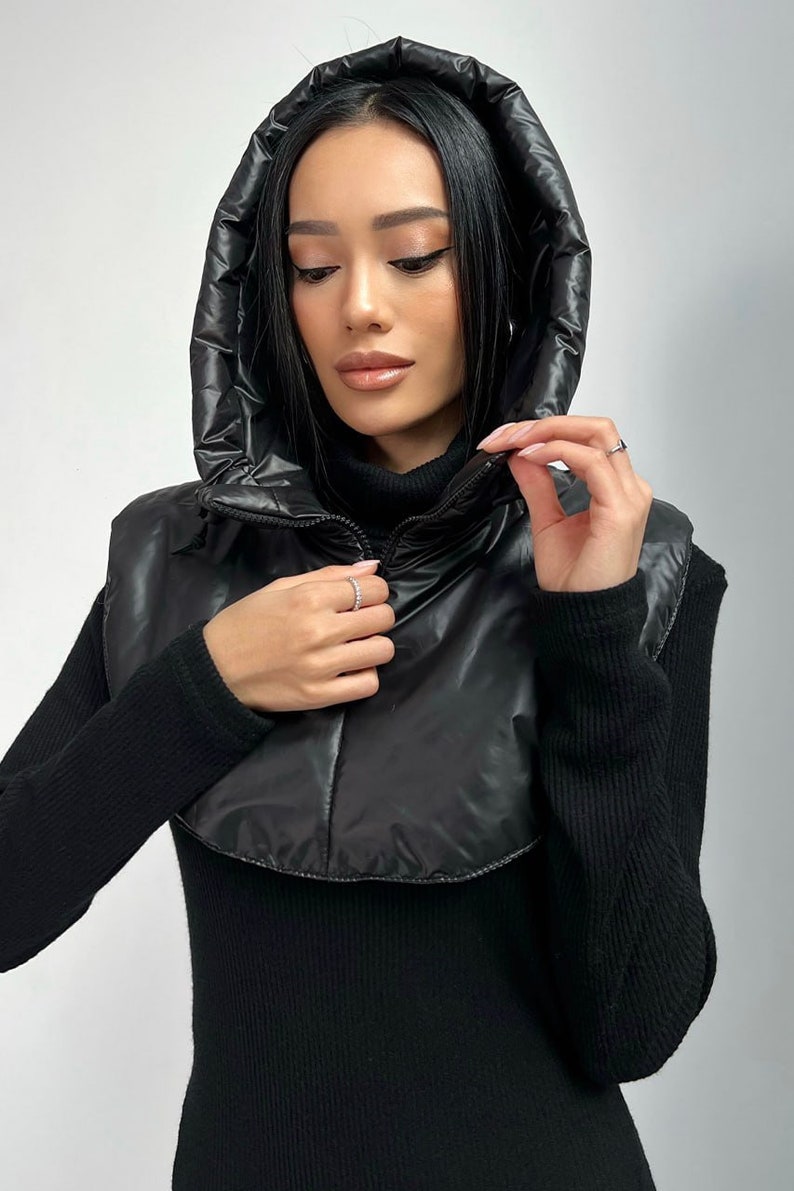 Hooded scarf, Waterproof hooded cowl, Balaclava, Detachable hood for women, Windproof hood cowl, Hooded collar, Gifts for Her, Black hood image 2