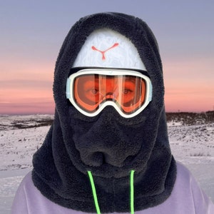 Black Sherpa Hood, Ski Hood Over Helmet, Ski Hood, Snowboard Hood, Balaclava, Mountain Hood, Adventure Hood, Fleece Hood, Outdoors Gift