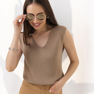 Knits Top, V neck Tank Top, Wide Straps, Loose Top, Sleeveless Blouse, Cotton Tank Top, Gift for Her, Women Casual Clothing