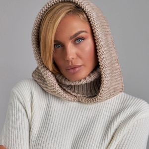 Beige Hooded Scarf, Knit Hoodie Scarves, Womens Snood, Warm Hooded Cowl, Wool Head Scarf, Trend Scarf, Outdoors Gift