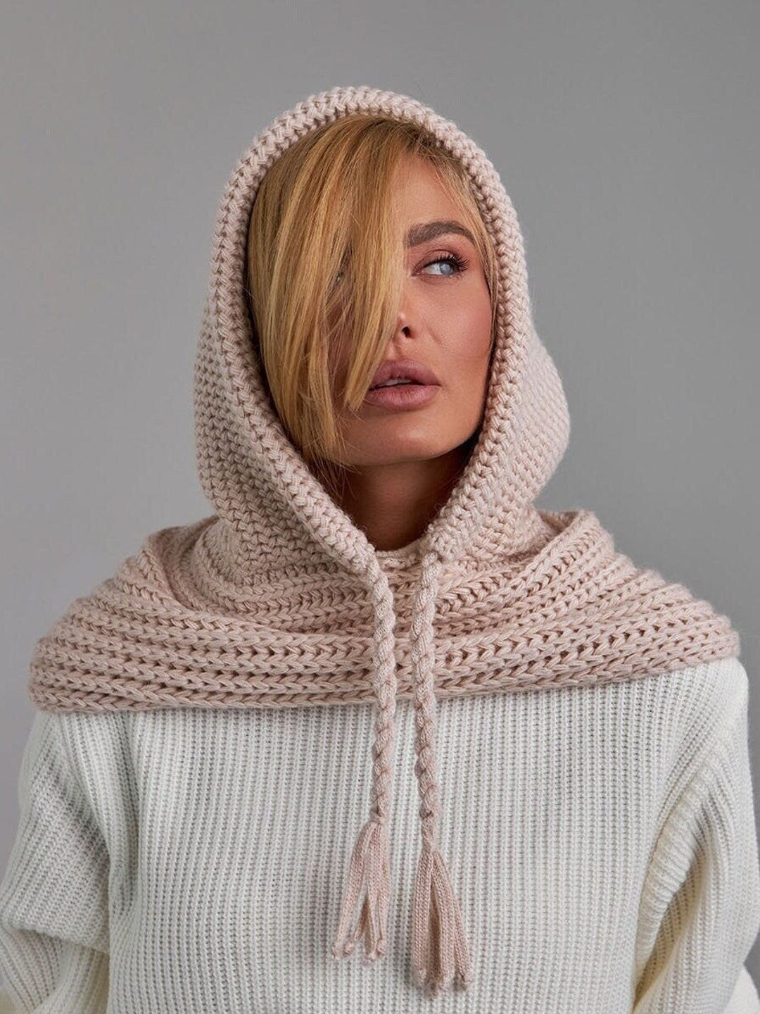 Beige Wool Balaclava Hat, Women Knit Balaclava, Knitted Women Hood