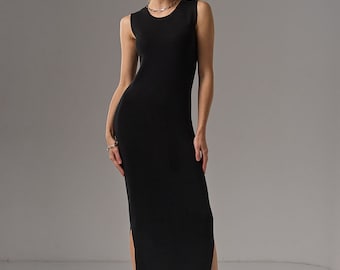 Sleeveless Knitted Dress, Elegant Summer Dress, Long Dress with Wide Straps, Minimalist Black Dress, Midi Slits Dress, Bodycon Dress