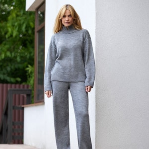 Wollen damespak, gebreide tweedelige set, mohairwollen trui en broek, casual wollen gebreide trui en broek, gebreide warme loungekledingset