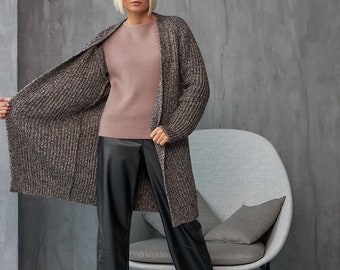 Knit Woolen Long Cardigan, Knitted Wrap Cardigan, Womens Wool Coat, Chunky Knit Cardigan, Casual Wool Jacket Women, Gift Dark Melange