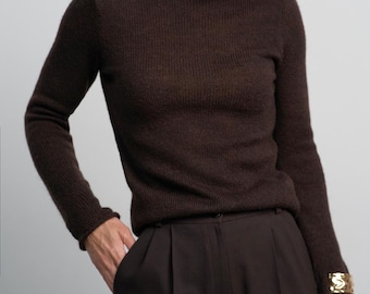 Womens Sheer Knit Long Sleeve Top, Merino Mohair Wool Sweater, Soft Warm Fitted Pullover, Minimalist Elegant Knitwear