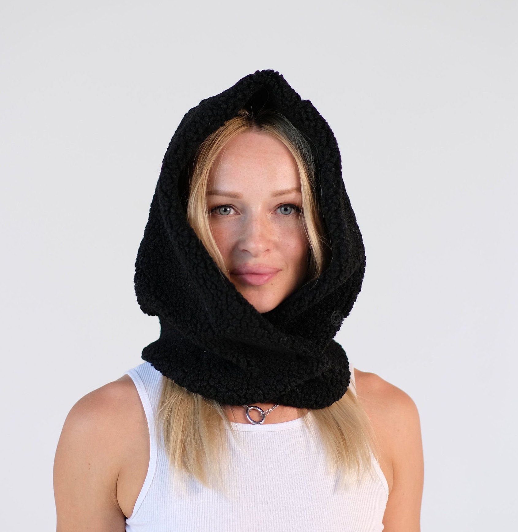 Black Hooded Scarf, Fleece Scarf Hoodie, Cowl Scarf, Warm Scoodie