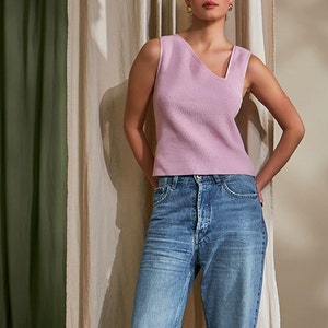 Ribbed Top with Asymmetrical Neckline, Knit Cotton Tank Top Pink