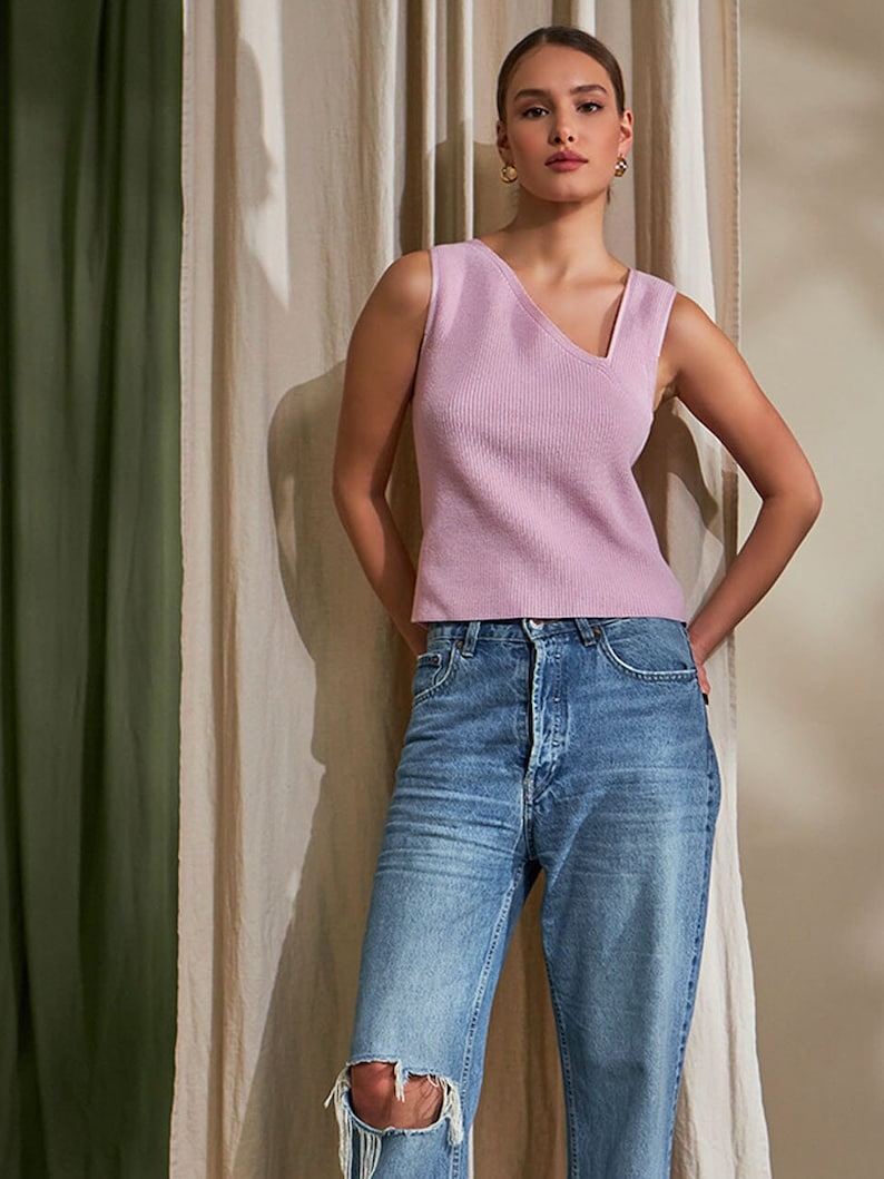 Ribbed Top with Asymmetrical Neckline, Knit Cotton Tank Top Pink