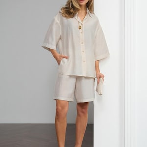 Linen Shorts Suit, Relaxed Summer Set, Loose Shirt and High-Waist Shorts, Lightweight City Clothing for Women, Eco Capsule Look