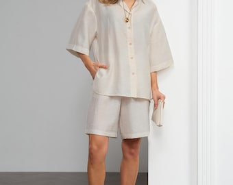 Linen Shorts Suit, Relaxed Two-Piece Set, High-Waist Summer Clothing