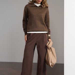Pull en laine pour femme, Pull à col polo, Pull décontracté ample, Haut pull à col en V, Pull en laine tricoté, Mode hivernale