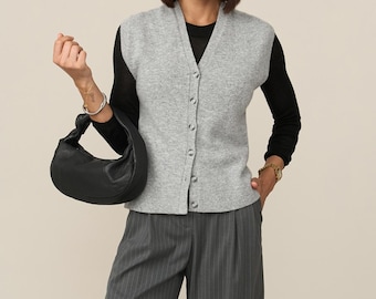 Cashmere Knit Vest, Womens V-Neck Soft Sweater, Lambswool Waistcoat, Button-Up Minimalist Layer, Lightweight Everyday Style for Women