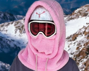 Pink Sherpa Hood, Balaclava, Ski Hood, Fleece Hood, Snowboard Hood, Ski Hood Over Helmet, Mountain Hood, Fleece Snowboard Hat, Outdoors Gift