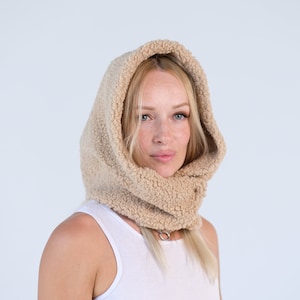 Hooded scarf, Fleece scarf hoodie, Head Scarf, Hooded neck warmer, Hooded hat, Warm snood women, Trending Now, Beige