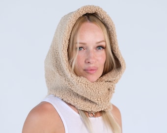 Hooded scarf, Fleece scarf hoodie, Head Scarf, Hooded neck warmer, Hooded hat, Warm snood women, Trending Now, Beige