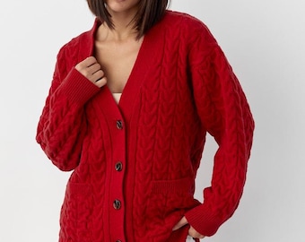 Oversized Wool Cardigan, Chunky Cable Knit Sweater, Long Button Up Knitwear, Minimalist Capsule Wardrobe