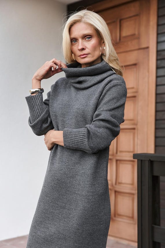 Wool Knit Midi Dress With Detachable Collar, Long Sleeve Sweater Dress,  Minimalist Warm Winter Outfit - Etsy Israel