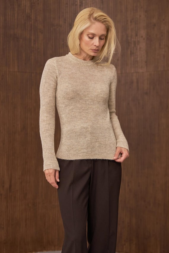 Long Sleeve Womens Sweater, Baby Alpaca Wool, Slim Fit Transparent Knit Top, Soft Stretch Pullover
