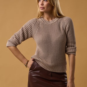 Sweater Women Casual, Ribbed Cuff Sweater, Crew Neck Knit Sweater, Pullover Top, Cold Weather Gift, Hand Knitted Sweater Top