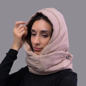 Hoofddoek kussen, bivakmuts, houstka-hoofddoek, modieuze sjaal 2024-25, handgemaakt, sjaal puffer, babushka-stijl, koud weer trendy cadeau