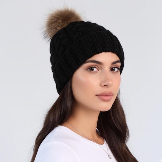 Cable Knit Pom Hat, Fleece Lined Beanie, Alpaca Merino  display picture 2