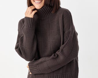 Oversized Wool Sweater, Cozy Knit Turtleneck Pullover, Loose Fit Minimalist Knitwear, One Size (fits S–L)
