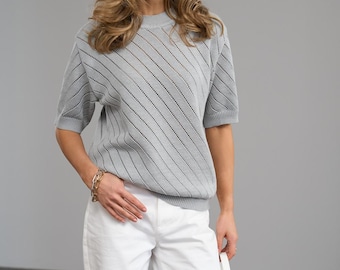 Cotton Knit Top Women, Elegant Soft Sweater, Sustainable Knitwear Top, Minimalist Style, Summer Capsule, Breathable Pullover, Spring Look