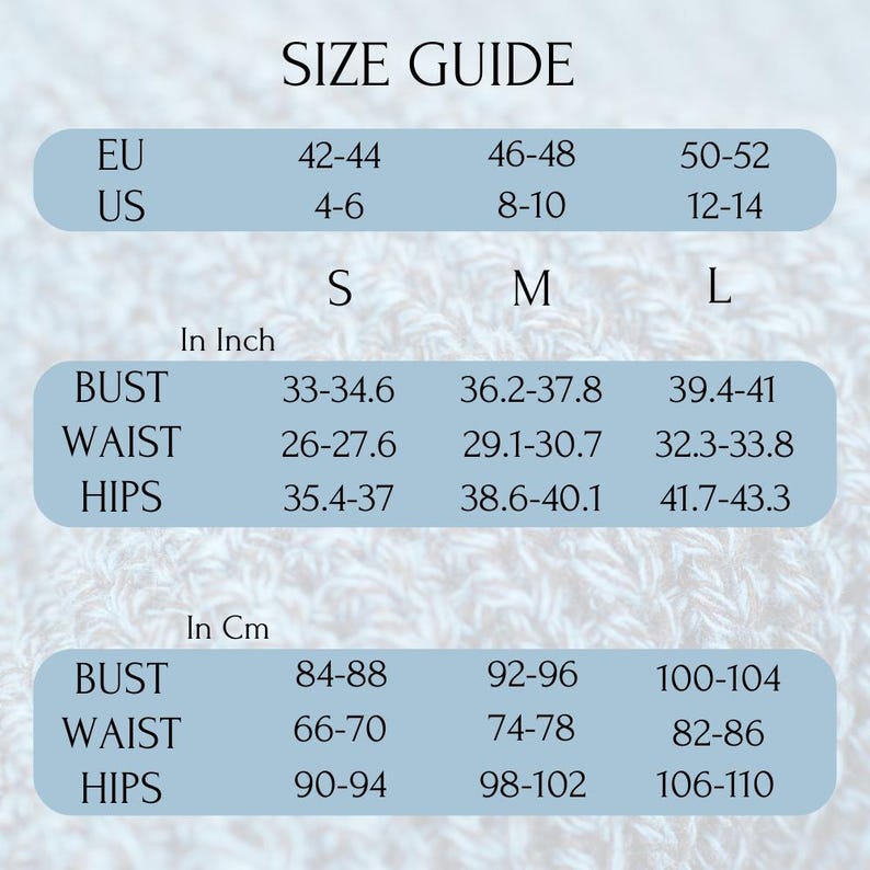 May include: A size guide with measurements in inches and centimeters. The guide includes bust, waist, and hip measurements for sizes S, M, and L. The US sizes range from 4-6 to 12-14, with bust measurements from 33-41 inches.