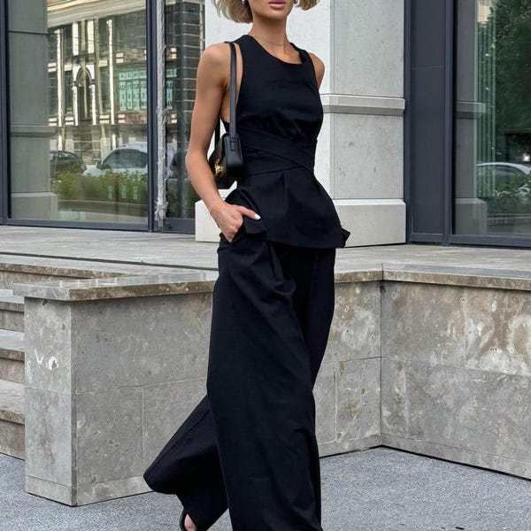 Leinen Kleidungsset, Crop Top, Hose mit weitem Bein, Top hinten binden, Umweltfreundlich, Casual Outfit, Atmungsaktives Leinen, Minimalistische Mode, Sommerstil